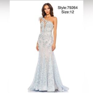 Embroidered appliqué feathered one shoulder trumpet gown